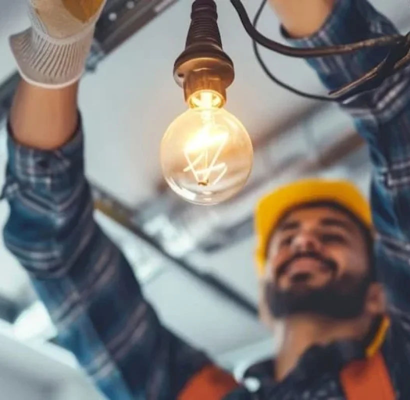 Técnico especializado realizando el cambio de luminarias tradicionales por modernas luminarias LED de alta eficiencia energética. El proceso incluye la instalación de sistemas de control y regulación con dimmers y sensores de presencia para maximizar el ahorro energético y optimizar el diseño de iluminación interior.