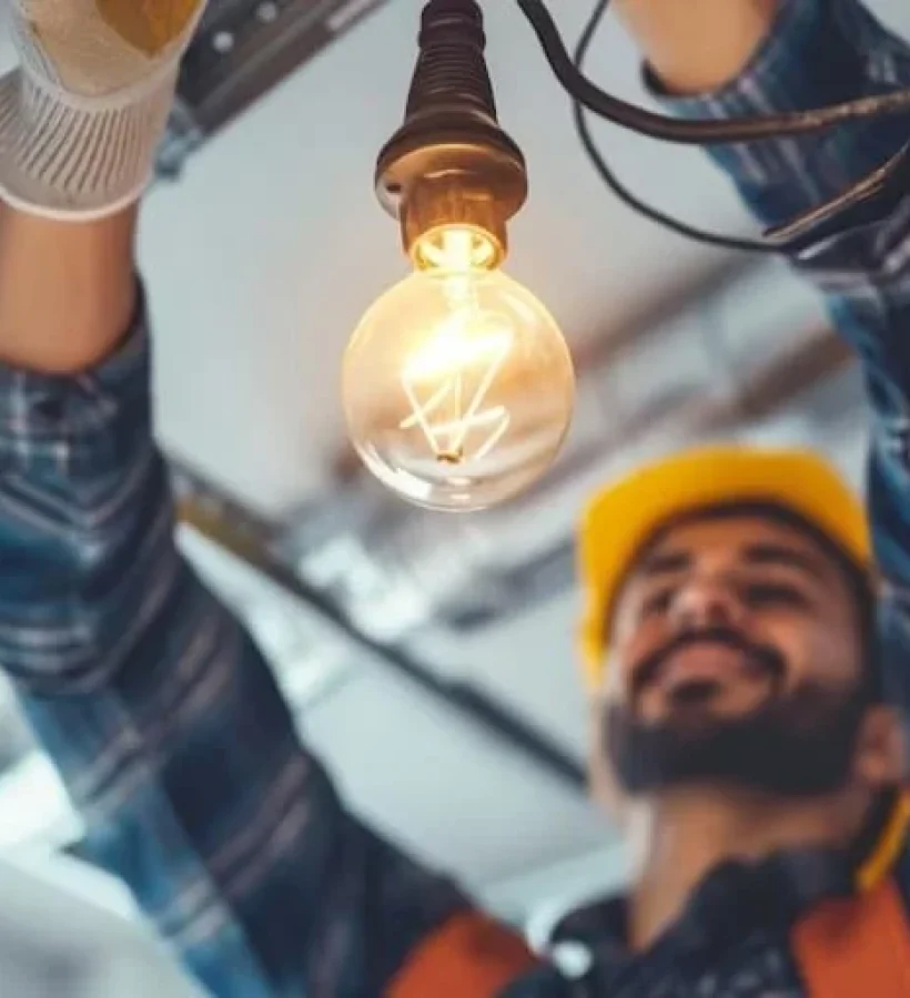 Técnico especializado realizando el cambio de luminarias tradicionales por modernas luminarias LED de alta eficiencia energética. El proceso incluye la instalación de sistemas de control y regulación con dimmers y sensores de presencia para maximizar el ahorro energético y optimizar el diseño de iluminación interior.